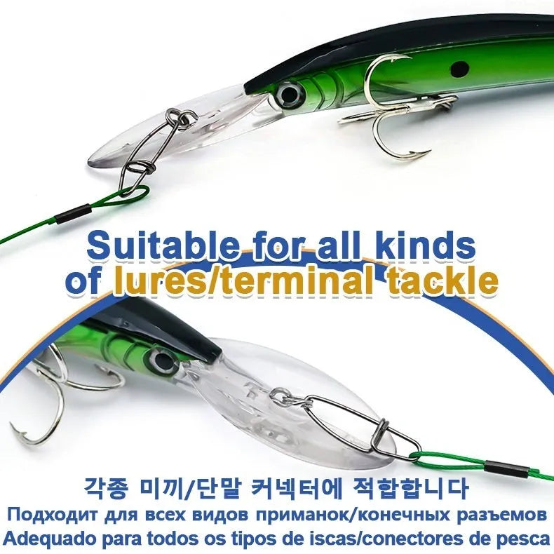 10 anti-bite steel wire fishing double buckle pins in green black red colours measuring 54cm long