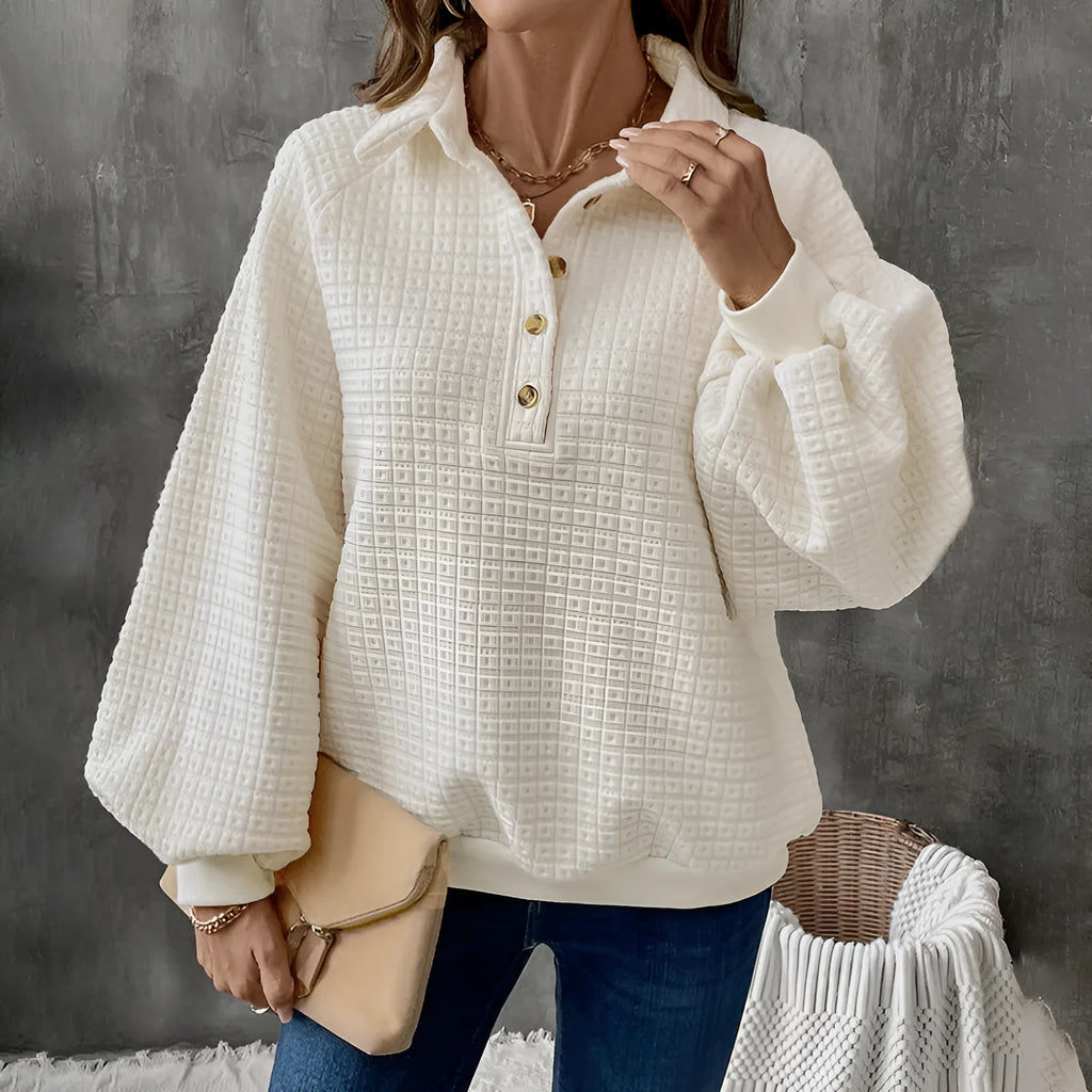 Women's Milky White textured polo collar sweater laid flat, showing long sleeves and thickened knit fabric.
