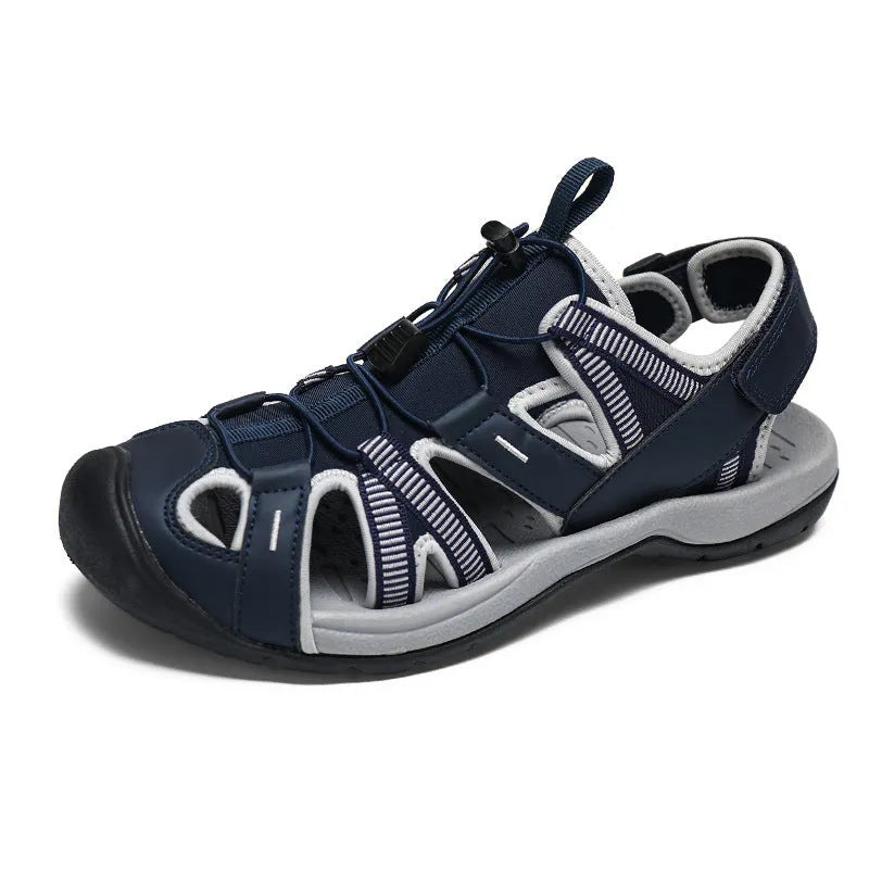 Men's blue and black summer casual shoes with mesh upper, rubber sole, and Velcro strap.