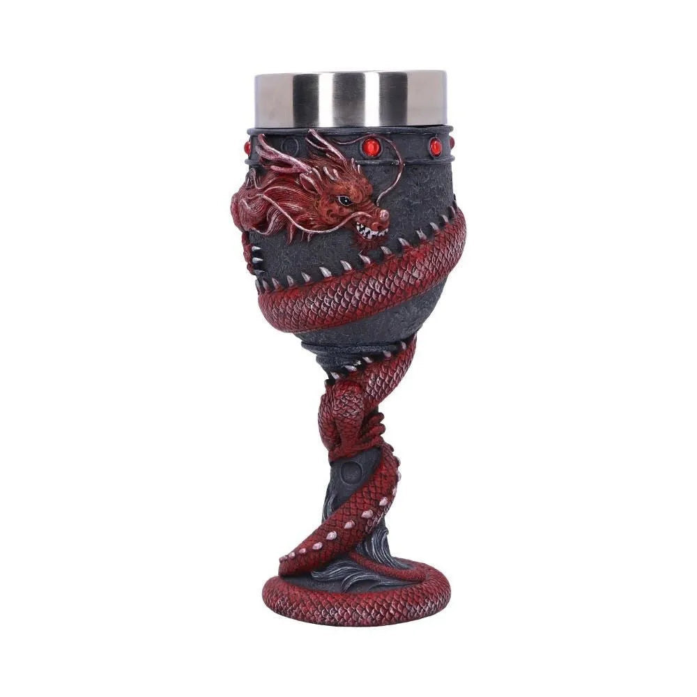 Stainless steel red wine glass with 3D Chinese dragon design in gold or red colour