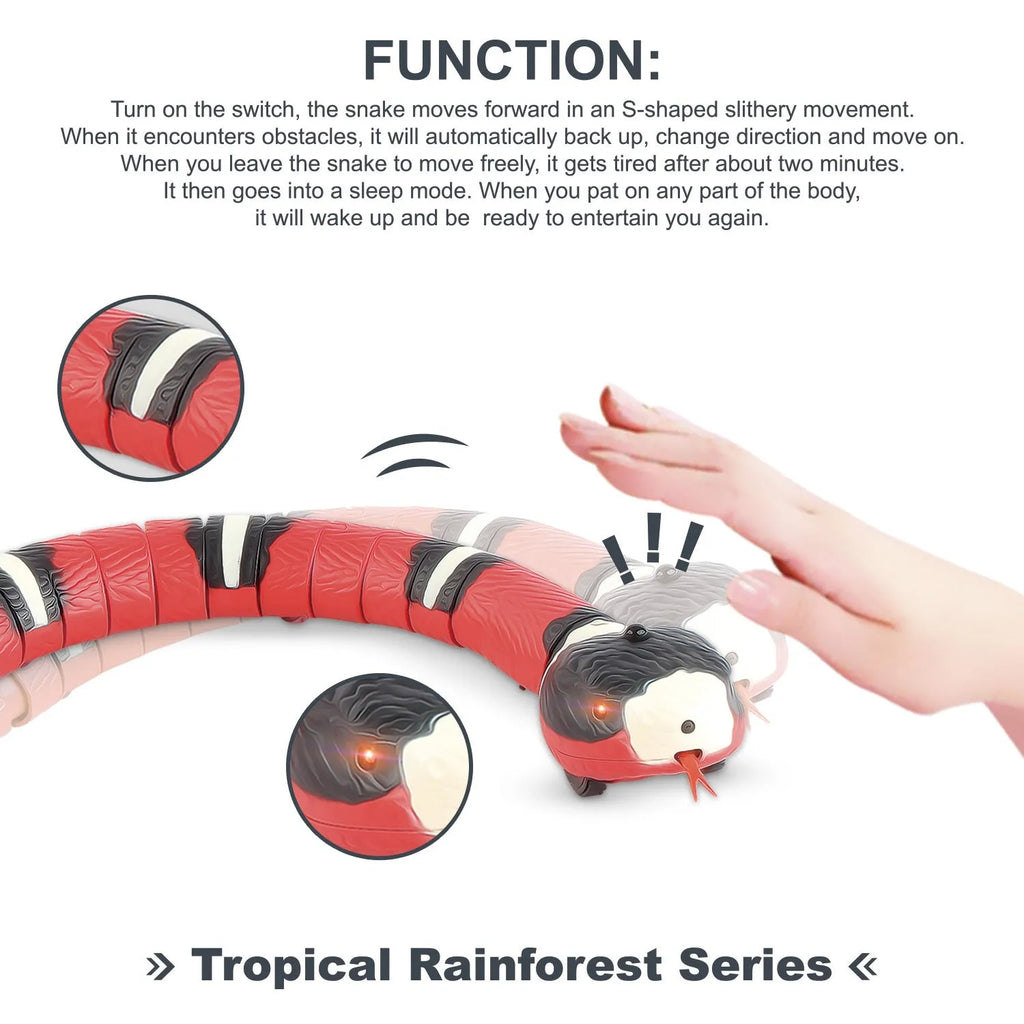 Automatic electronic snake cat toy with segmented plastic body on a floor.