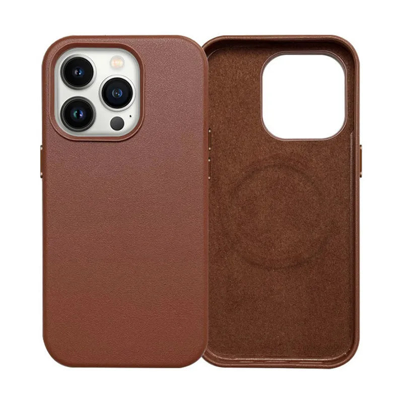 Magnetic leather phone case for iPhone 14 series in Midnight, Golden Brown, Pine Green, Thick Ink, Ochre Red.