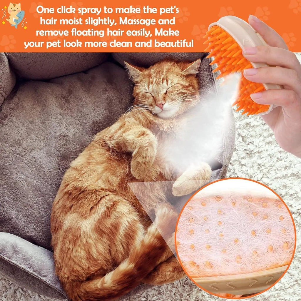 Yellow 4-in-1 cat steam brush with vibration massage and ringworm detector for pet grooming