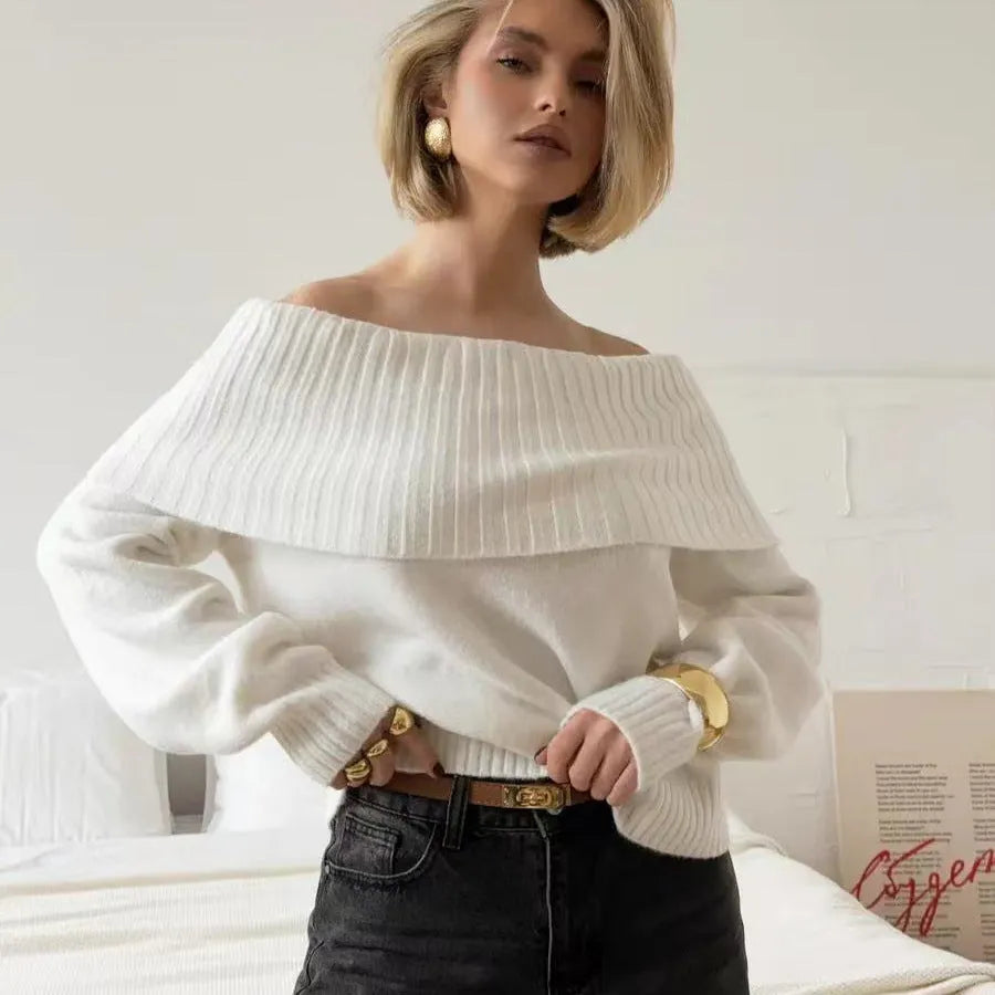 Grey off-the-shoulder sweater with 3D pattern, regular sleeves, and strapless neckline