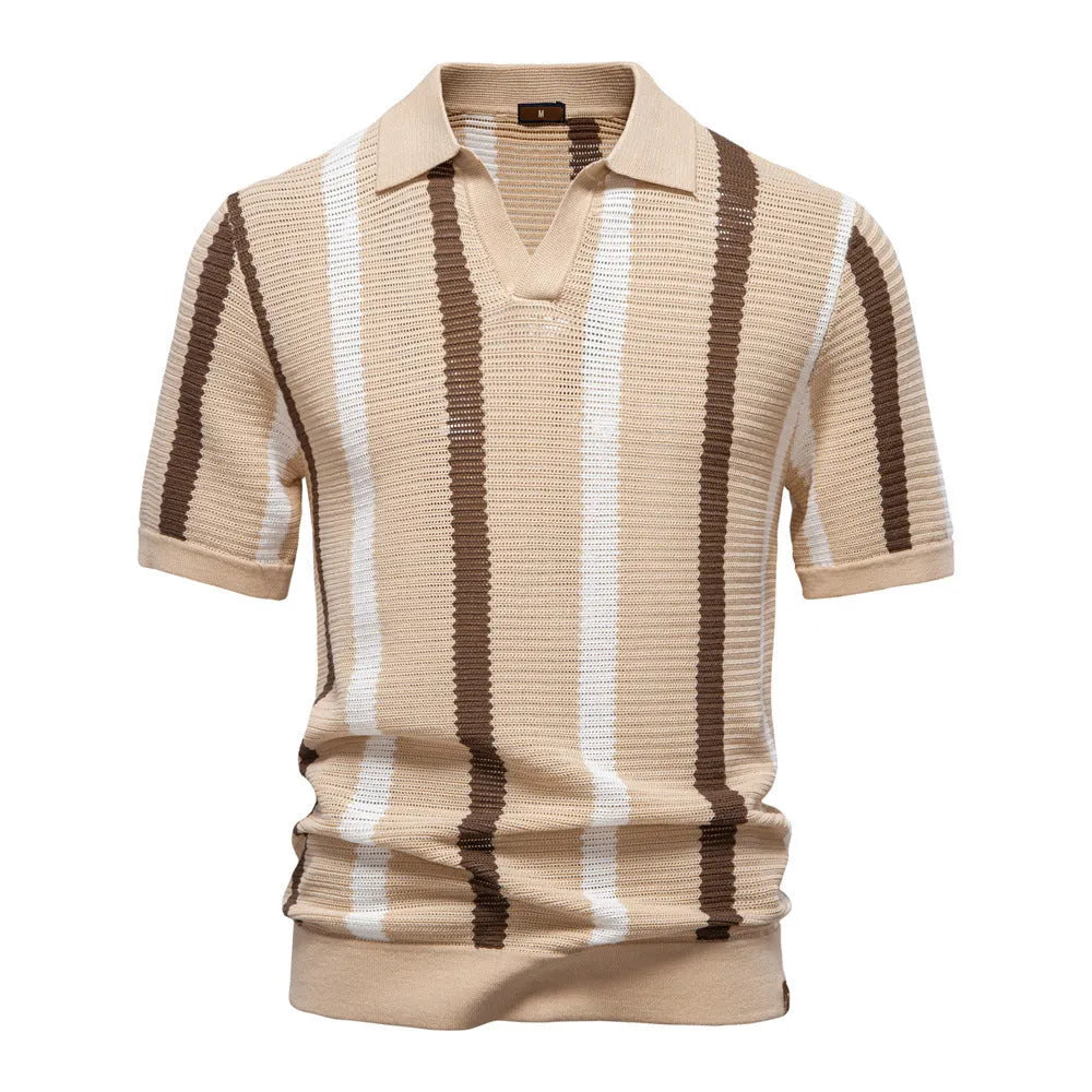 Man wearing a striped short-sleeved polo shirt sweater in a light blue colour.