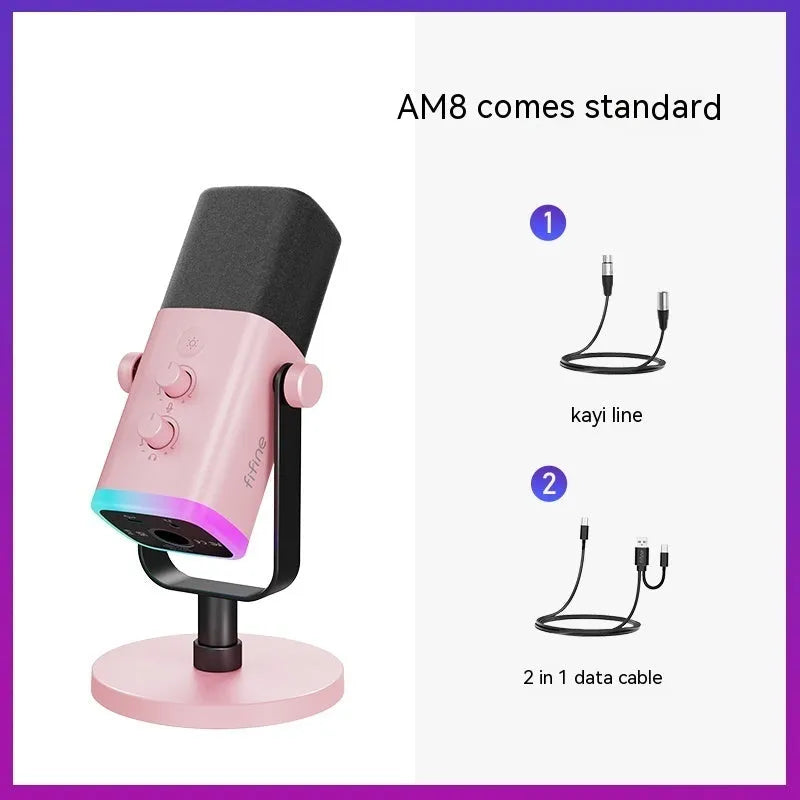 Dynamic noise reduction microphone with XLR cable in black, pink, or white colours with adjustable bracket mount