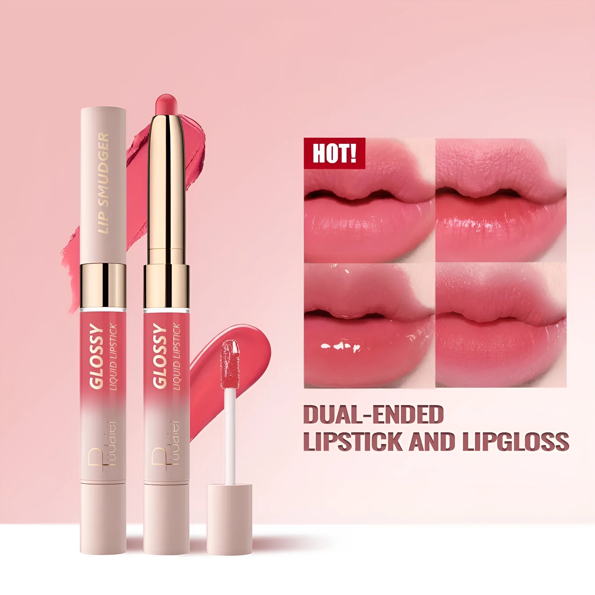 Double-headed lipstick and lip gloss cosmetic product showing matte and glossy ends with 10 colour shade options