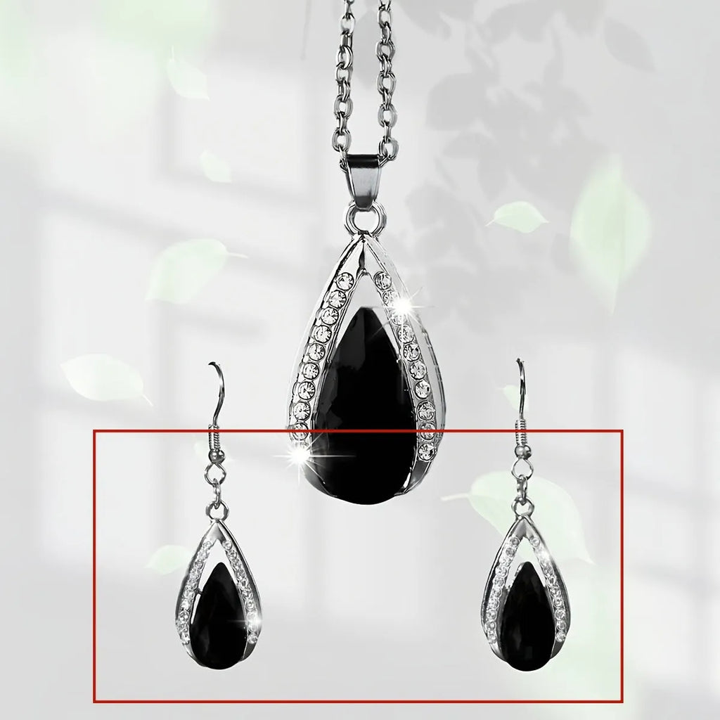 Black and red teardrop glass pendant necklace and matching earrings jewellery set