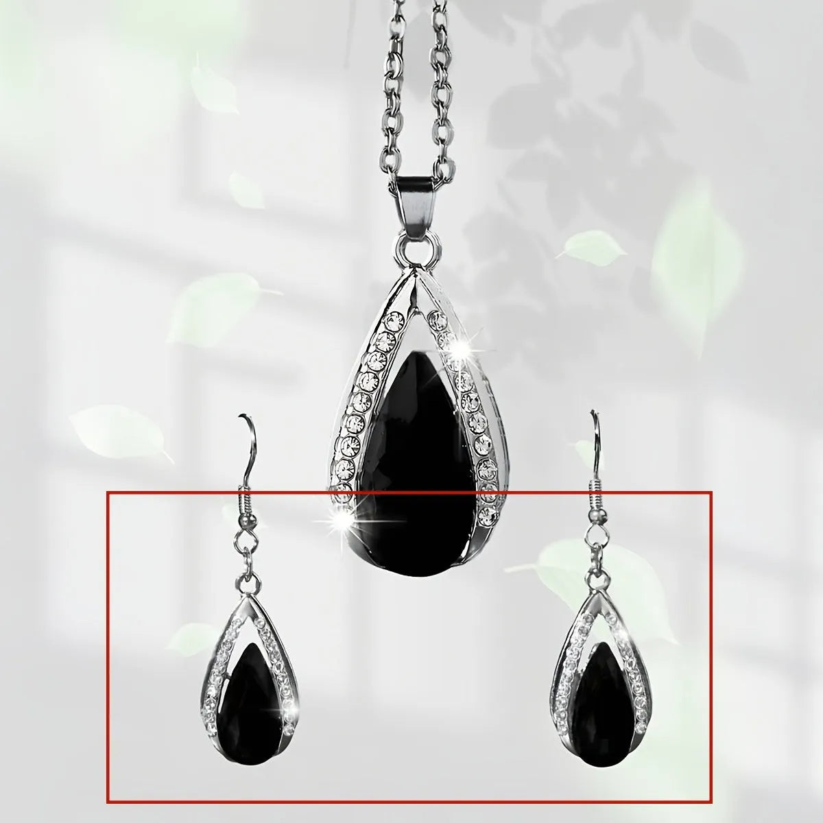 Black and red teardrop glass pendant necklace and matching earrings jewellery set