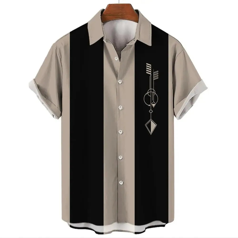 Men's striped Hawaiian short sleeve shirt with button front and elastic band construction