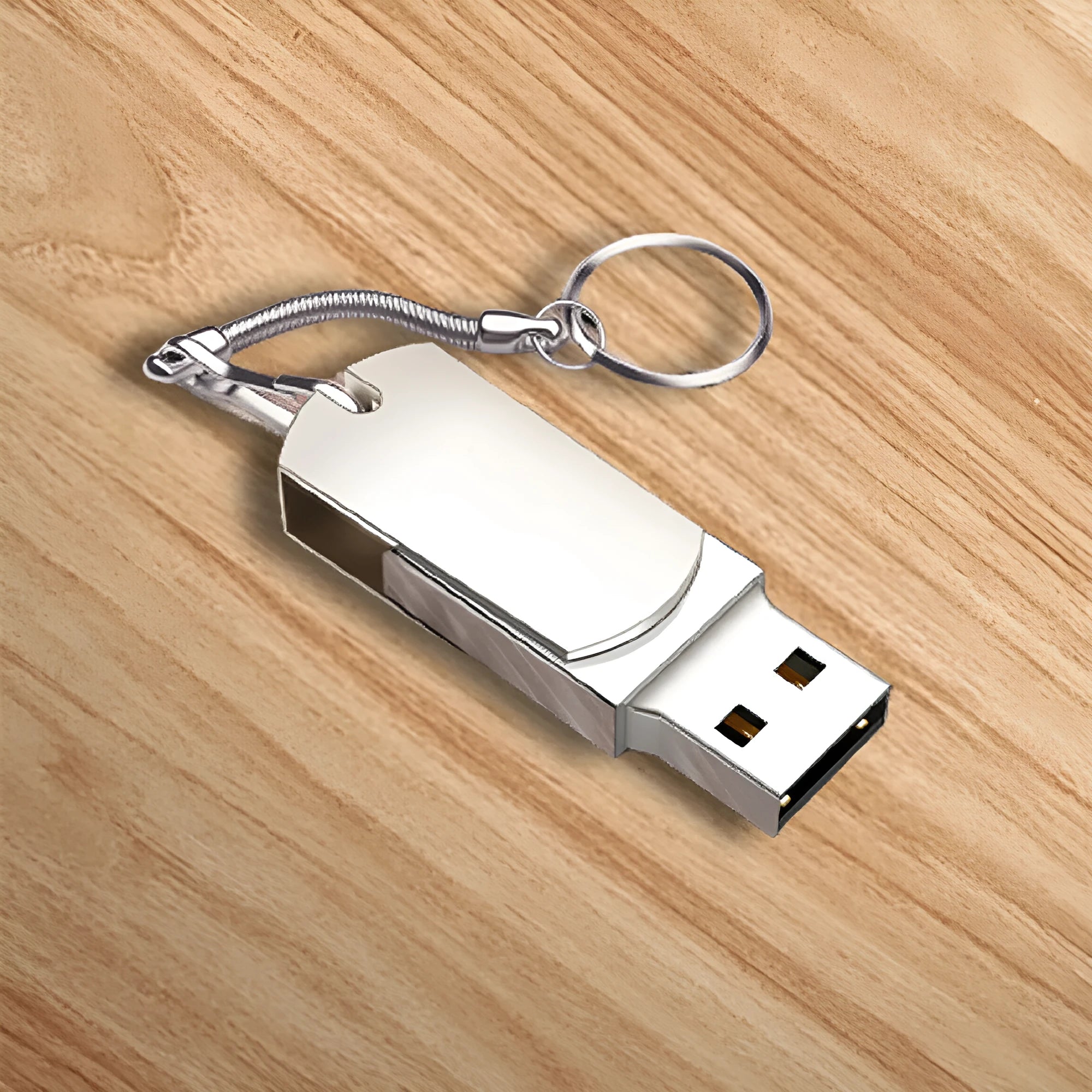 White metal rotary USB flash drive showing compact dimensions and rotating cover mechanism