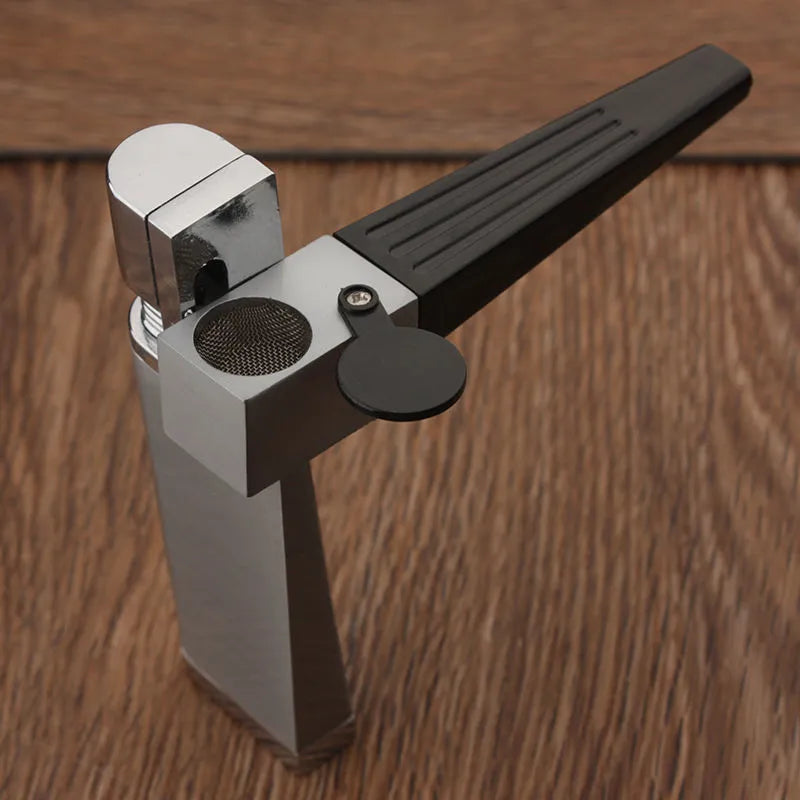 Silver and black foldable metal pipe lighter showing open and closed positions with refillable butane valve
