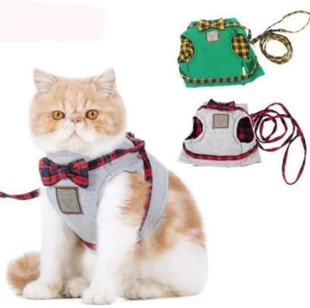 Red cat harness with 125cm traction rope, knitted fabric and cotton cloth, sizes XS S M