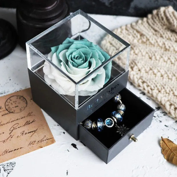 Preserved eternal rose and carnation gift box in glass display case for jewellery storage