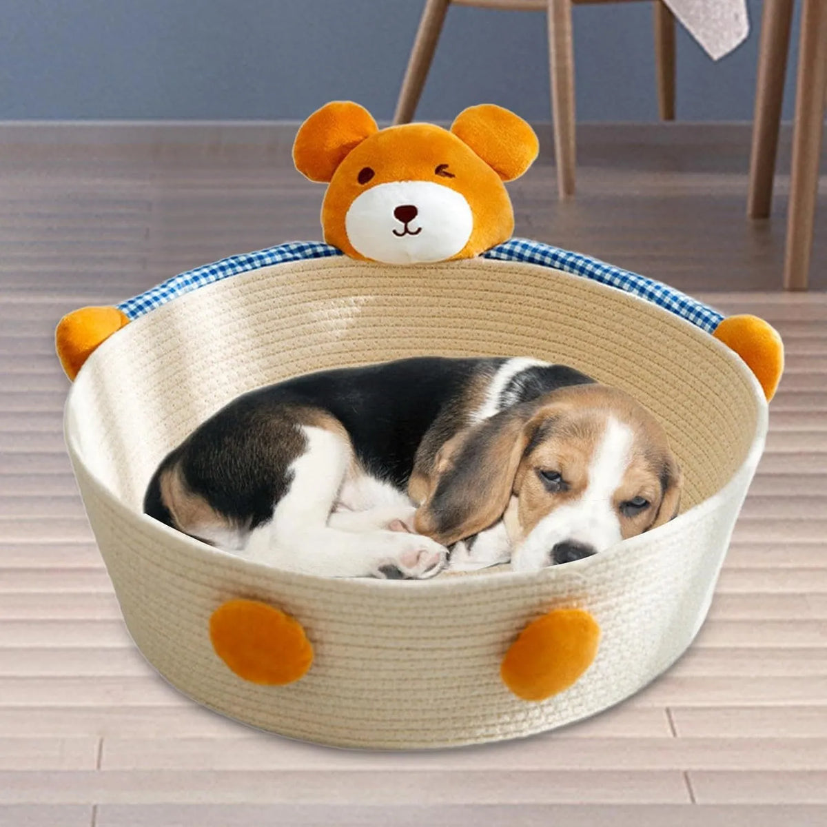 Woven cotton rope cat bed basket with scratching board in rabbit pattern design