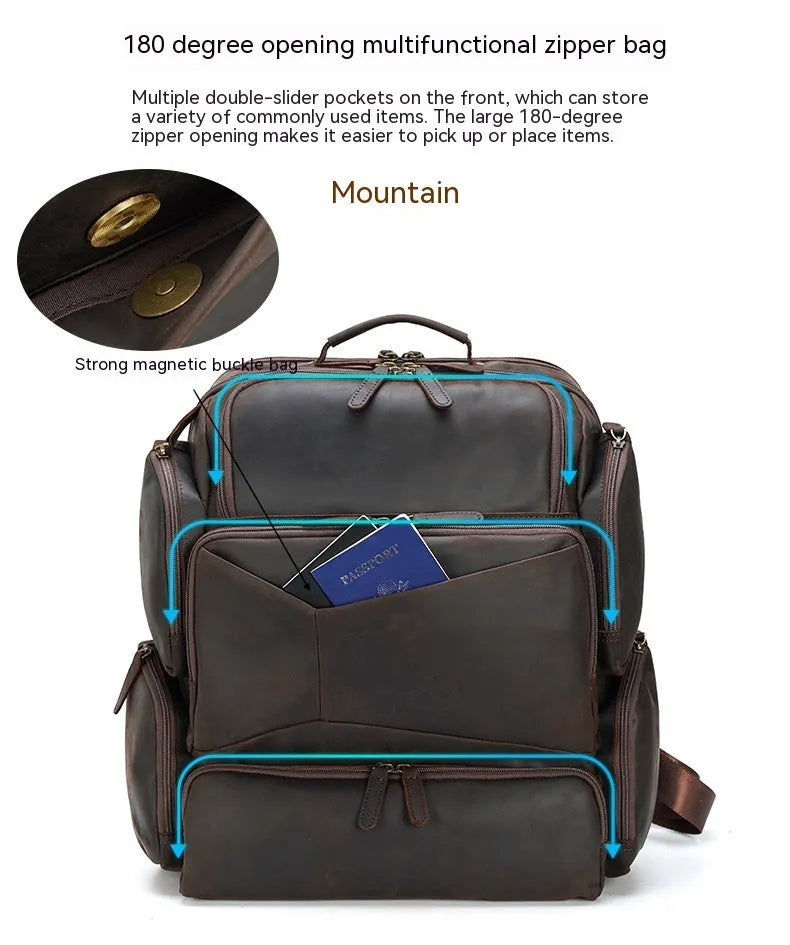 Dark brown genuine leather men's backpack showing 17-inch computer compartment and multiple interior pockets