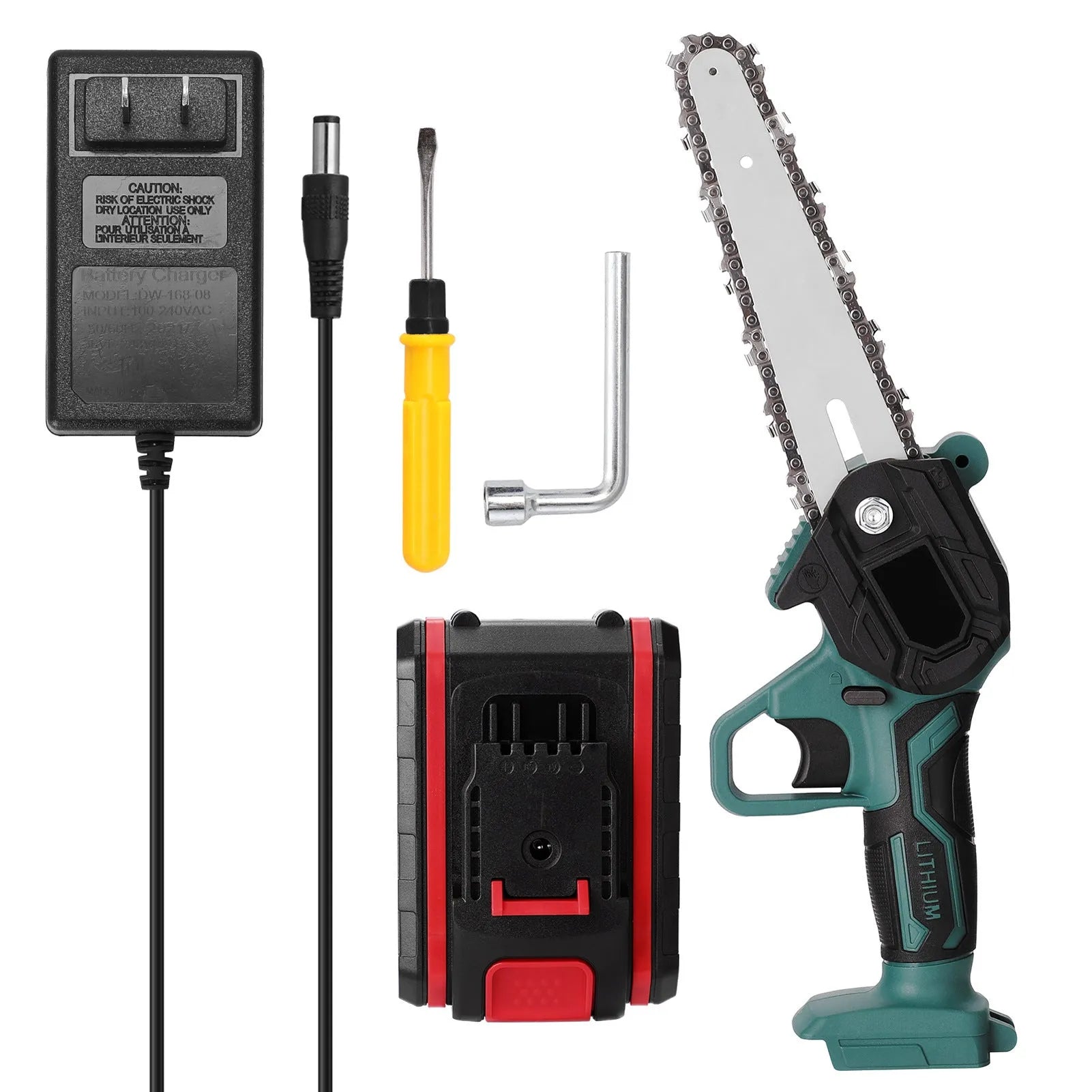 Black mini electric chainsaw with 4-inch guide bar held in one hand, showing compact size.