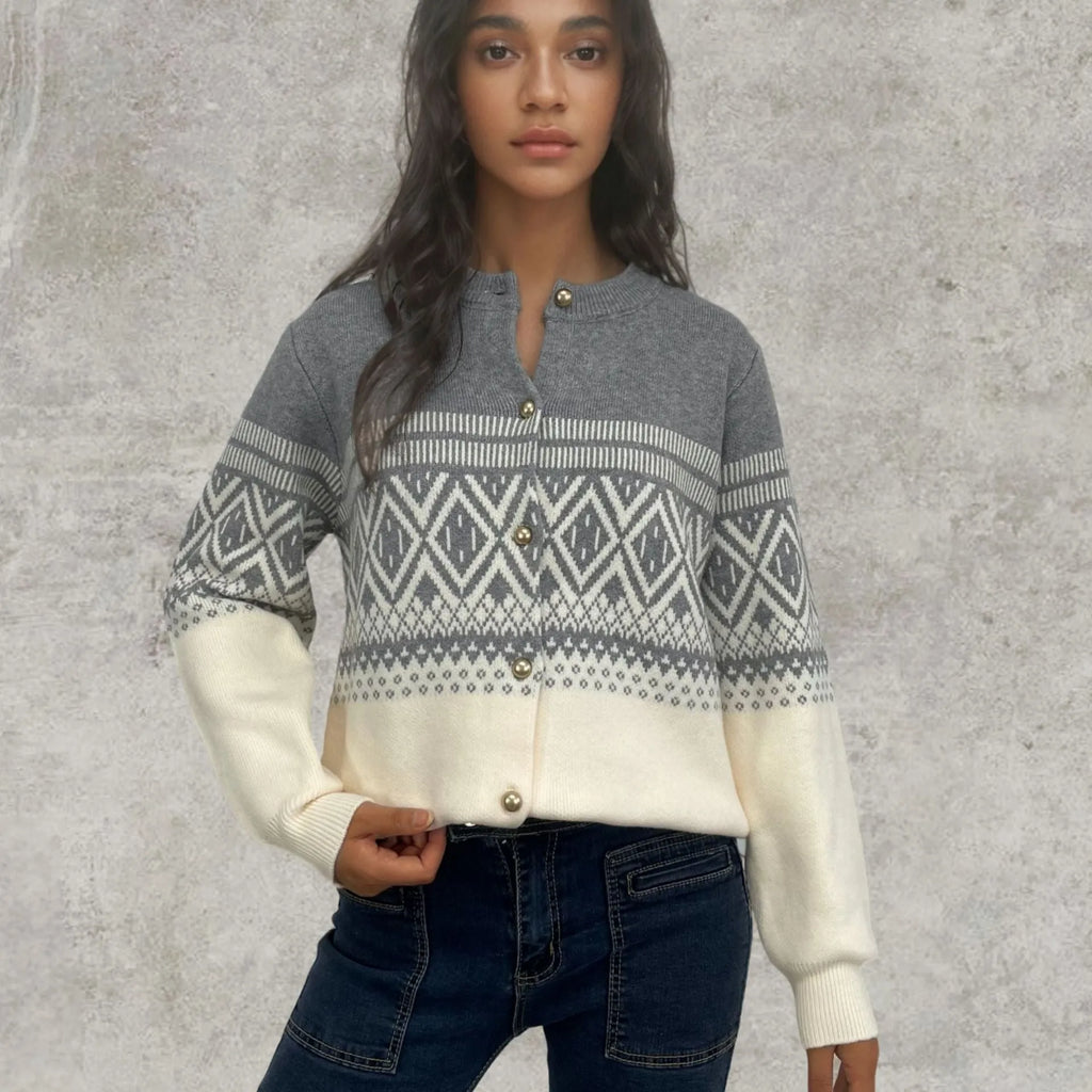 Women's red alpaca wool cardigan with diamond pattern and long sleeves