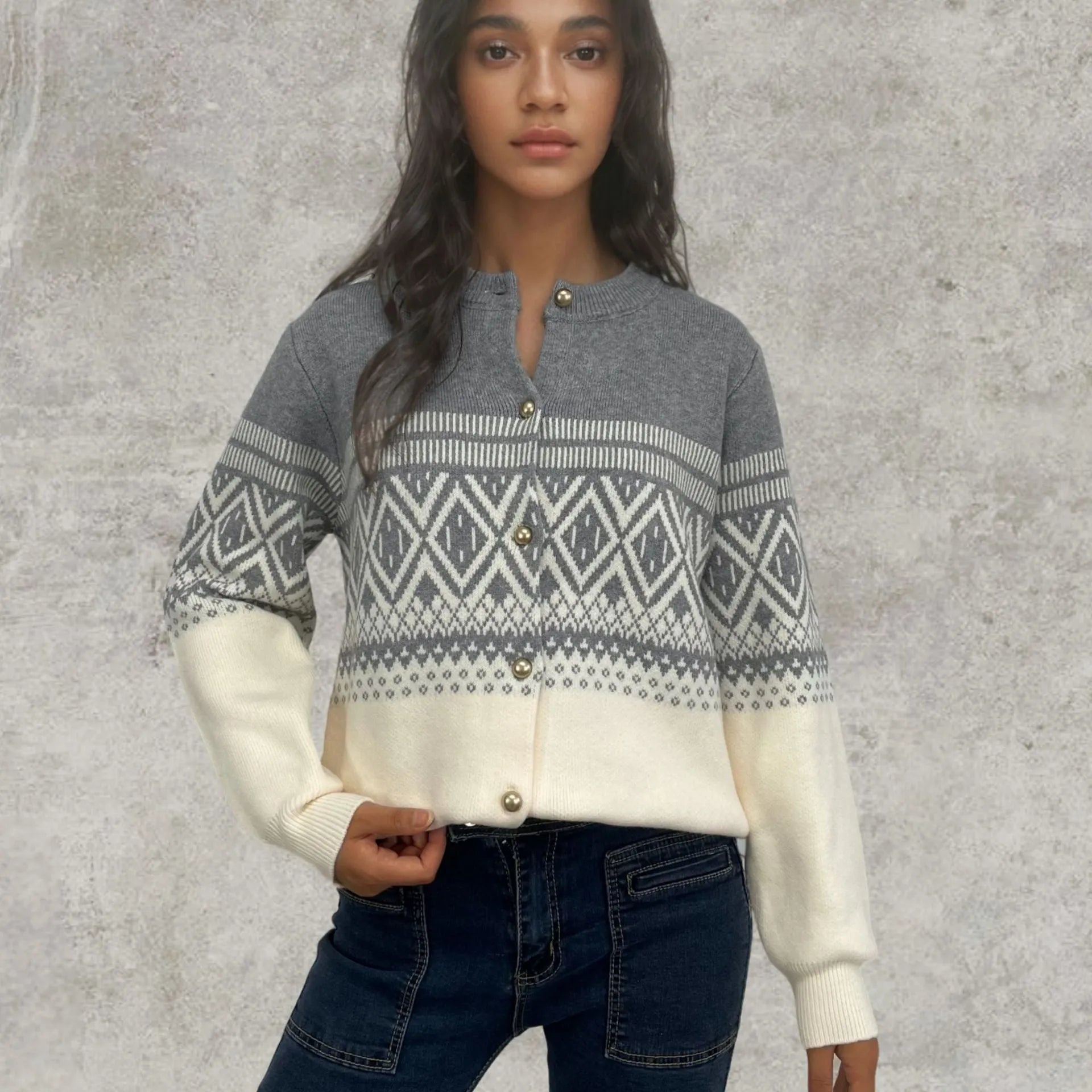 Women's red alpaca wool cardigan with diamond pattern and long sleeves