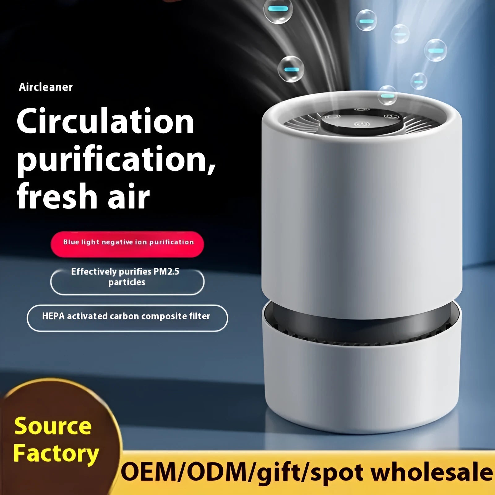 White USB desktop air purifier on a table with Type-C cable and aromatherapy tablets