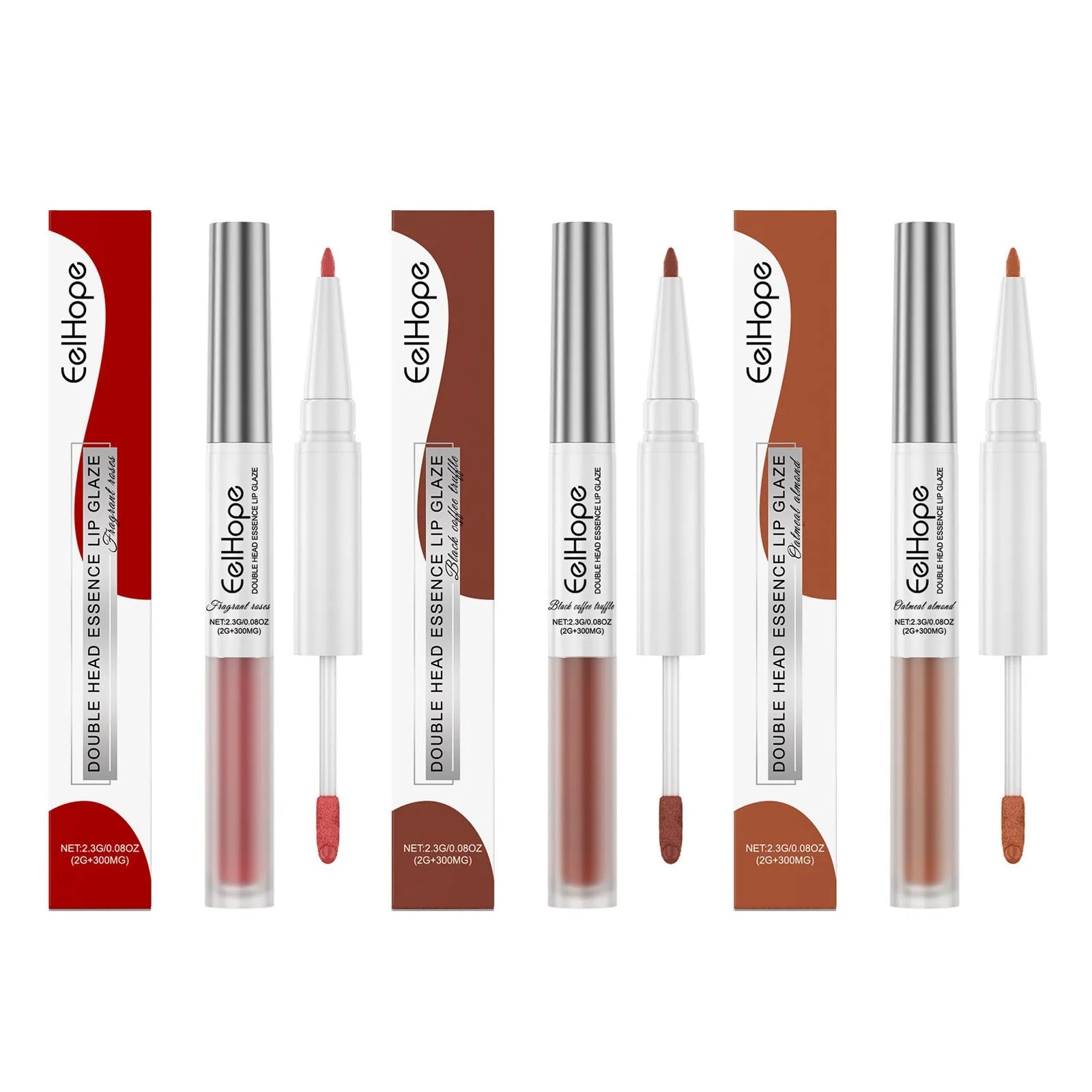 Double-headed lip liner and lip lacquer makeup pencil showing two colour tips
