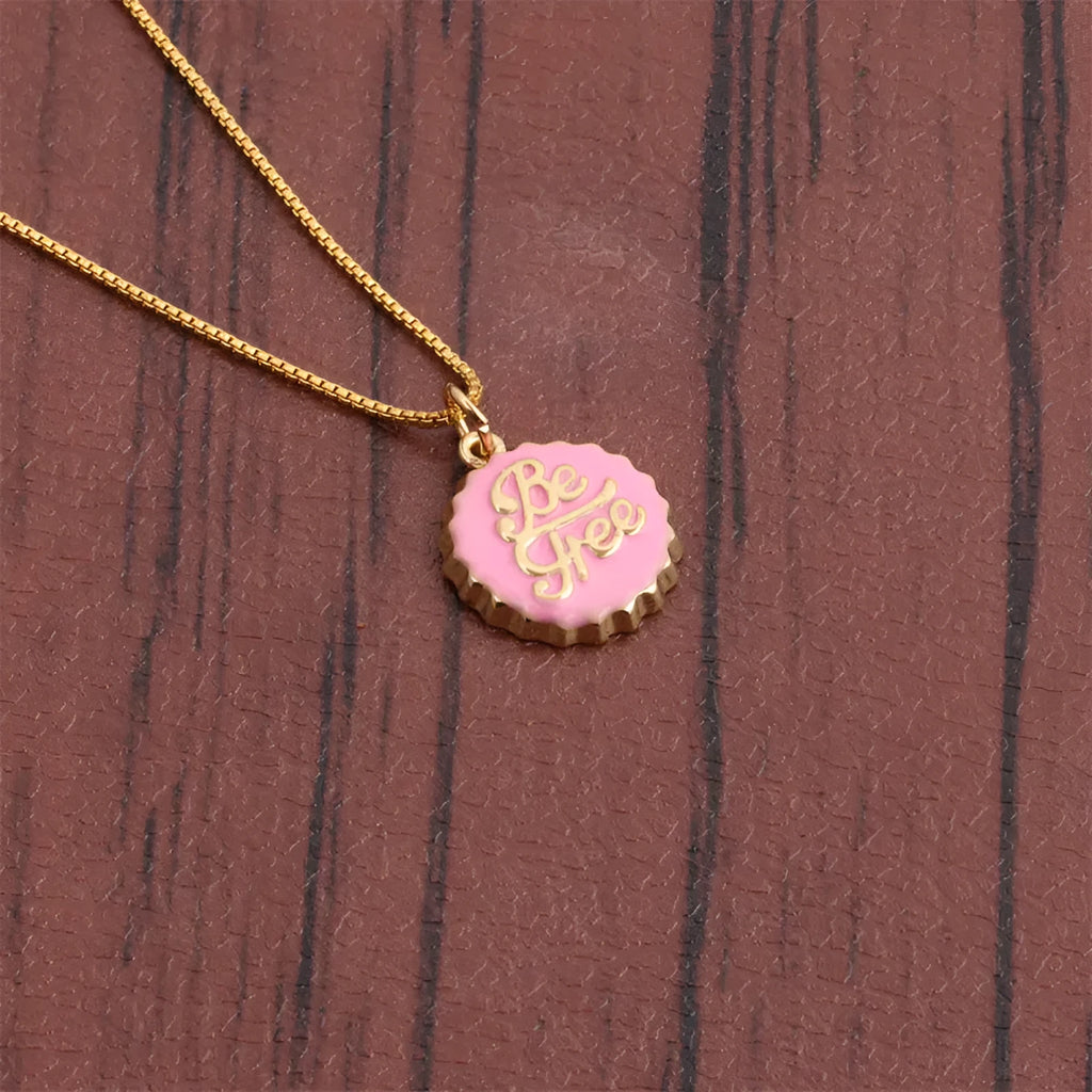 Copper 18K gold electroplated be free bottle cap pendant on a 40cm box chain necklace.