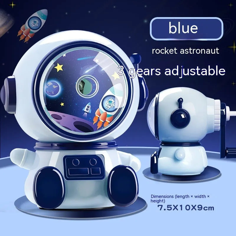 Blue astronaut manual pencil sharpener with adjustable three-level mechanism for standard 2mm pencils