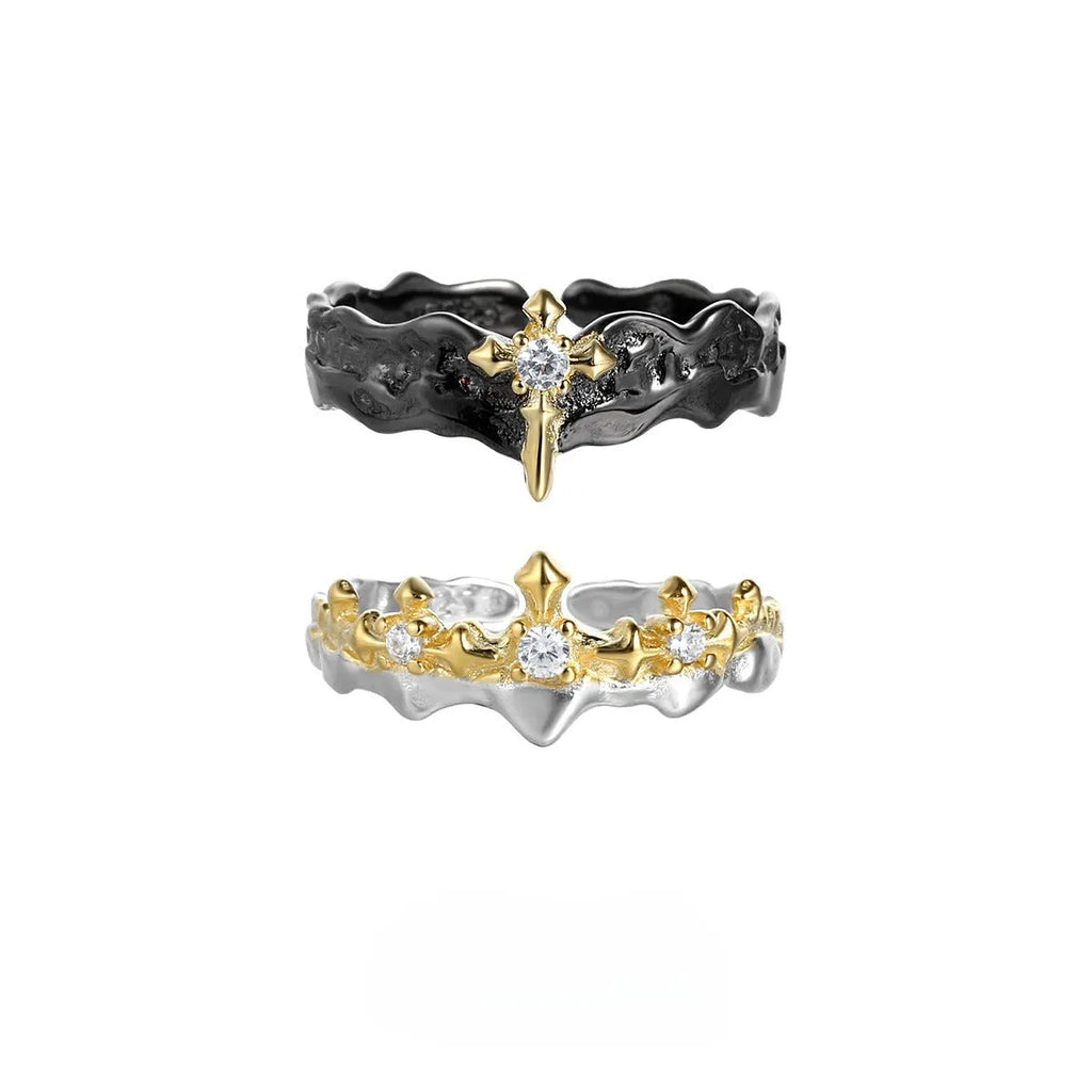 Silver adjustable opening ring with princess knight couple design in white gold or black gold electroplated finish