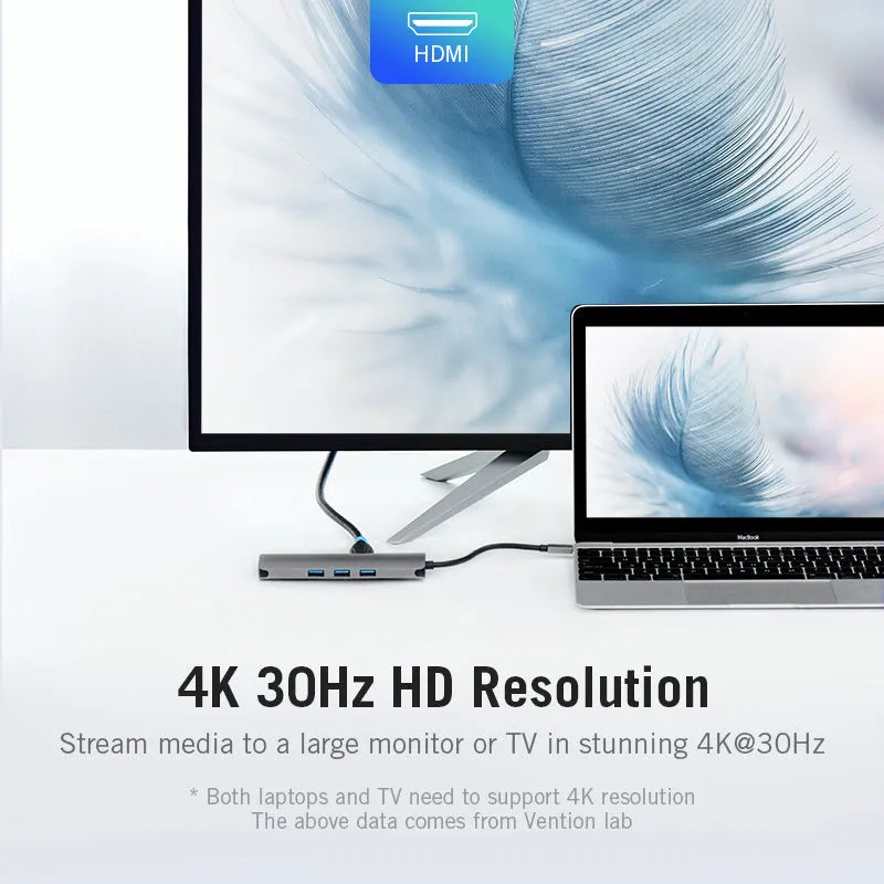 Deep grey USB C to HDMI adapter with multiple ports including ethernet and USB 3.0