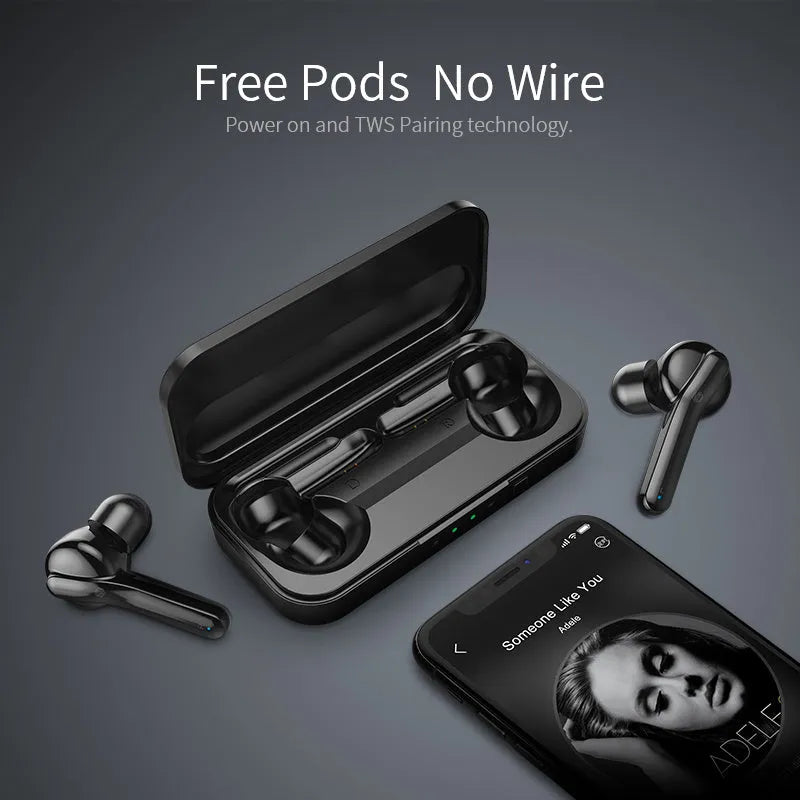 Black and white true wireless stereo earbuds with Bluetooth 5.0 and IPX5 waterproof rating