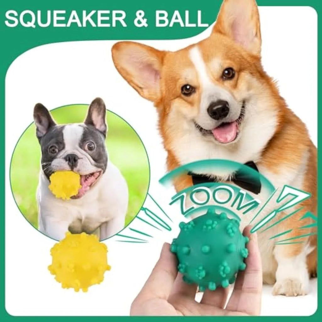 Four bright coloured spiky dog balls with paw print dimples, 2-inch diameter for small breed puppies