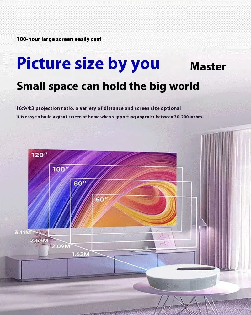 White 720p HD home cinema projector with remote control on a table.