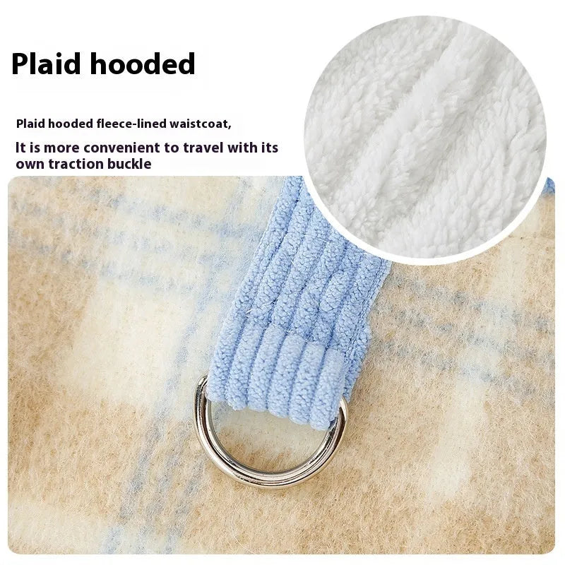 Blue corduroy pet hoodie with chessboard grid pattern and hood for dog autumn winter clothing