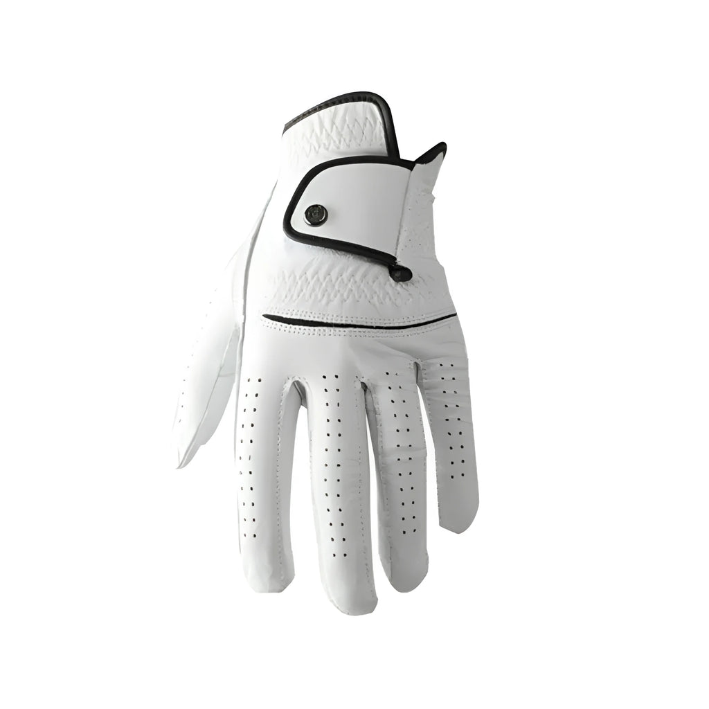 White half sheepskin golf glove for men showing non-slip palm.