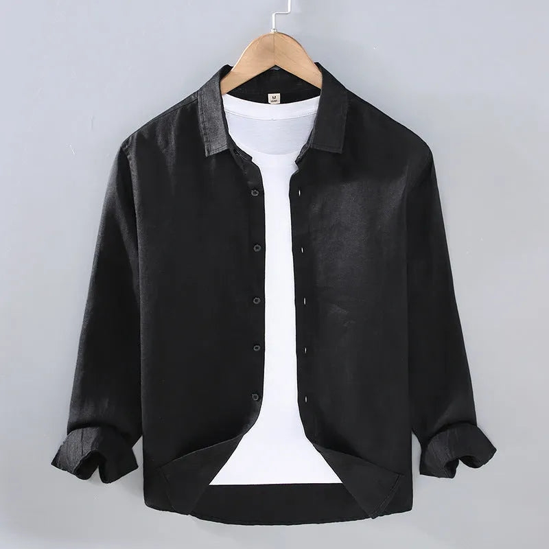 Men's pure linen cardigan-style shirt in solid colours showing long sleeves and simple design