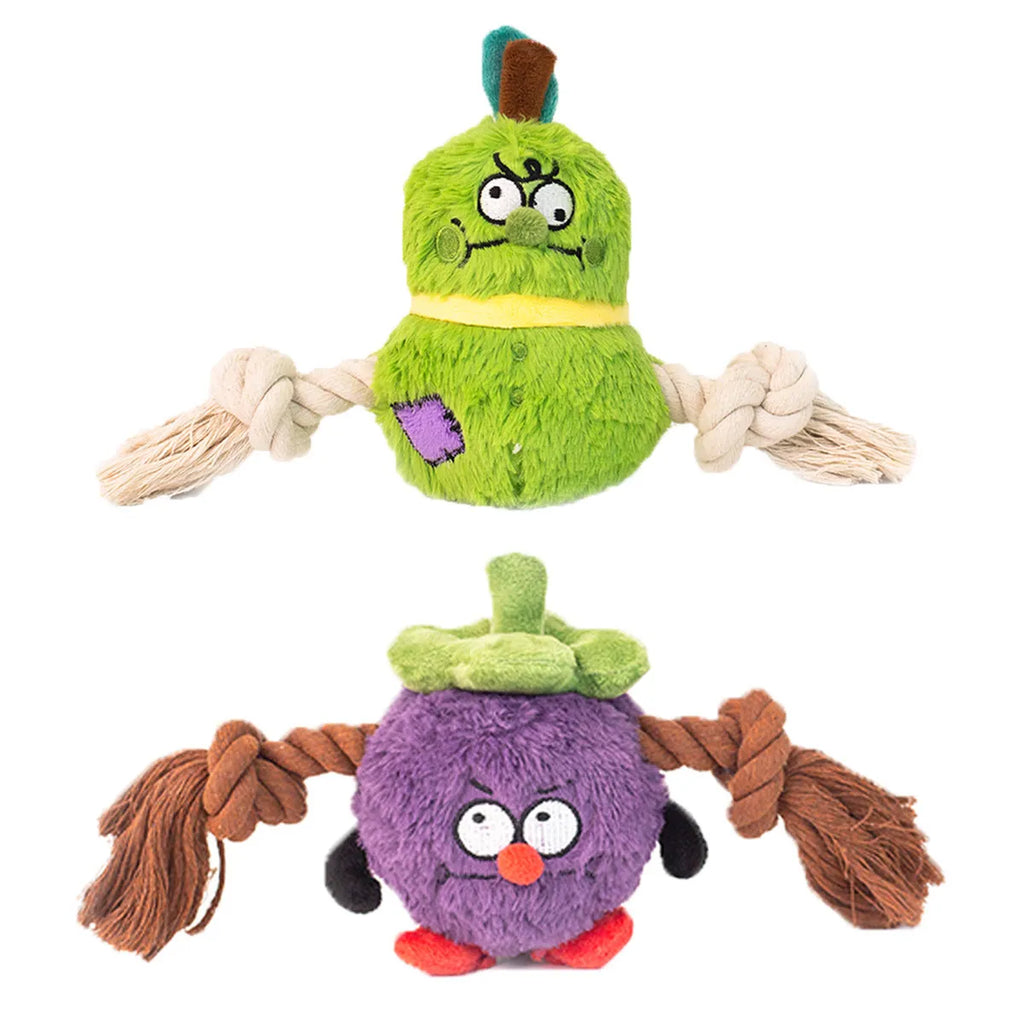 Green and purple plush rope knot dog toy for interactive tug-of-war and chewing games.