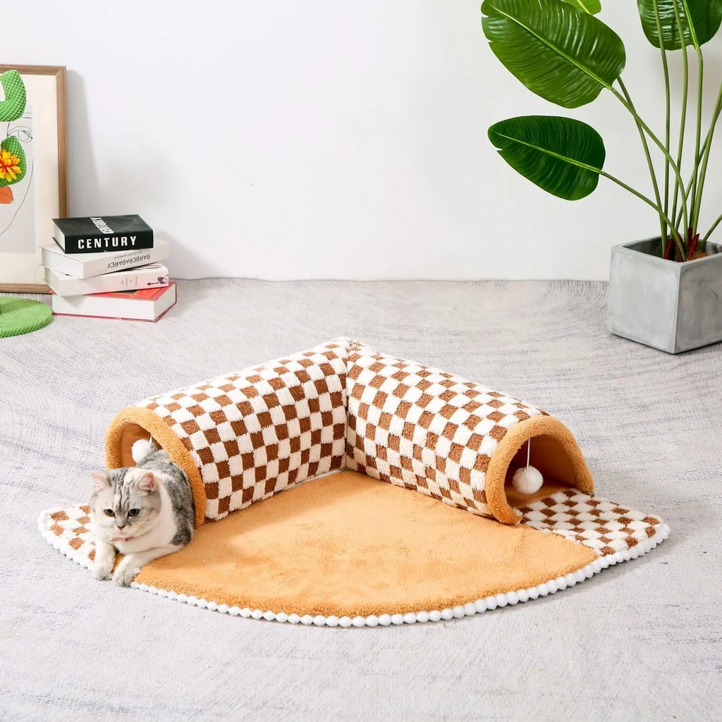 Fan-shaped plush pet bed with integrated tunnel for cats and dogs in Coffee colour, showing thick mat and anti-slip base.