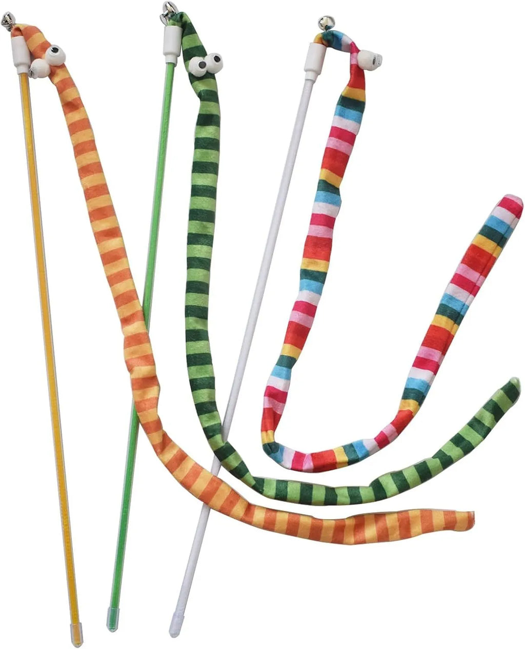 Cat teaser wand toy with a long plush strip and bell on a polycarbonate pole.