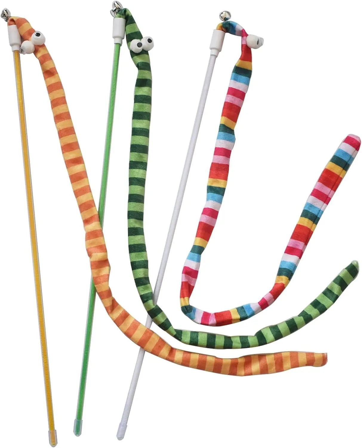 Cat teaser wand toy with a long plush strip and bell on a polycarbonate pole.