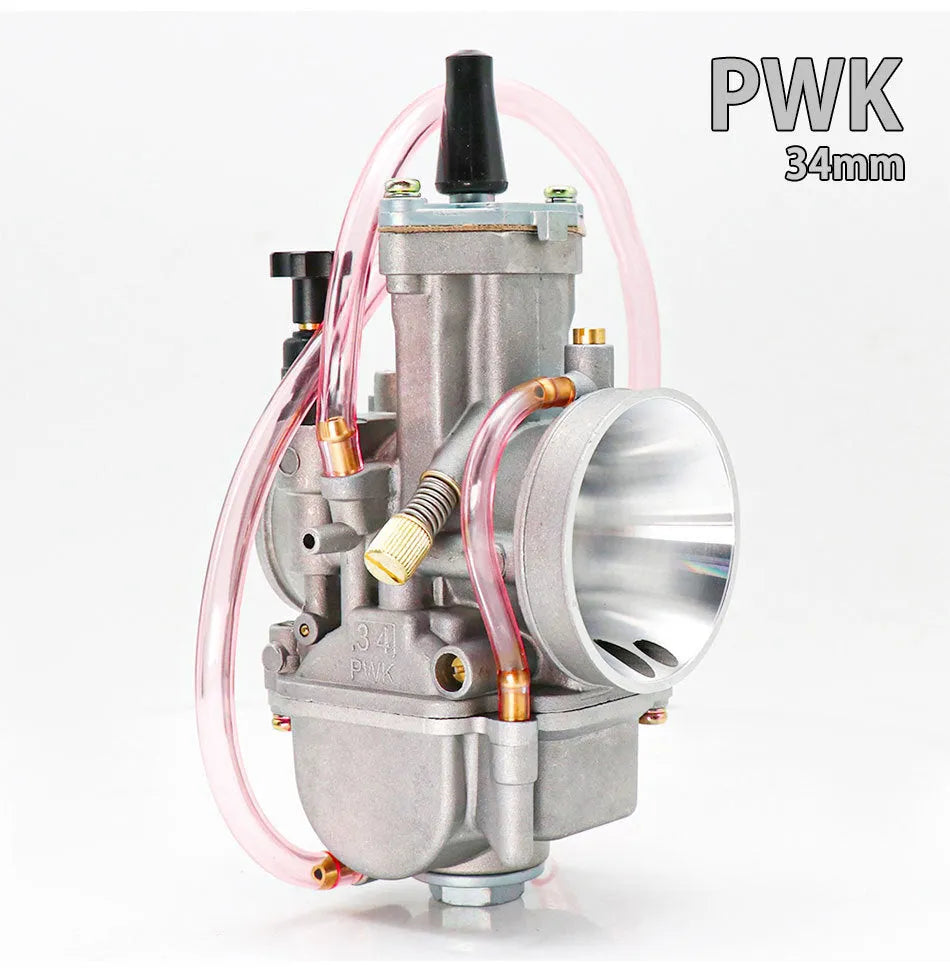 Seven PWK sandblasted motorcycle carburetors ranging from 21mm to 34mm sizes in colour box packaging