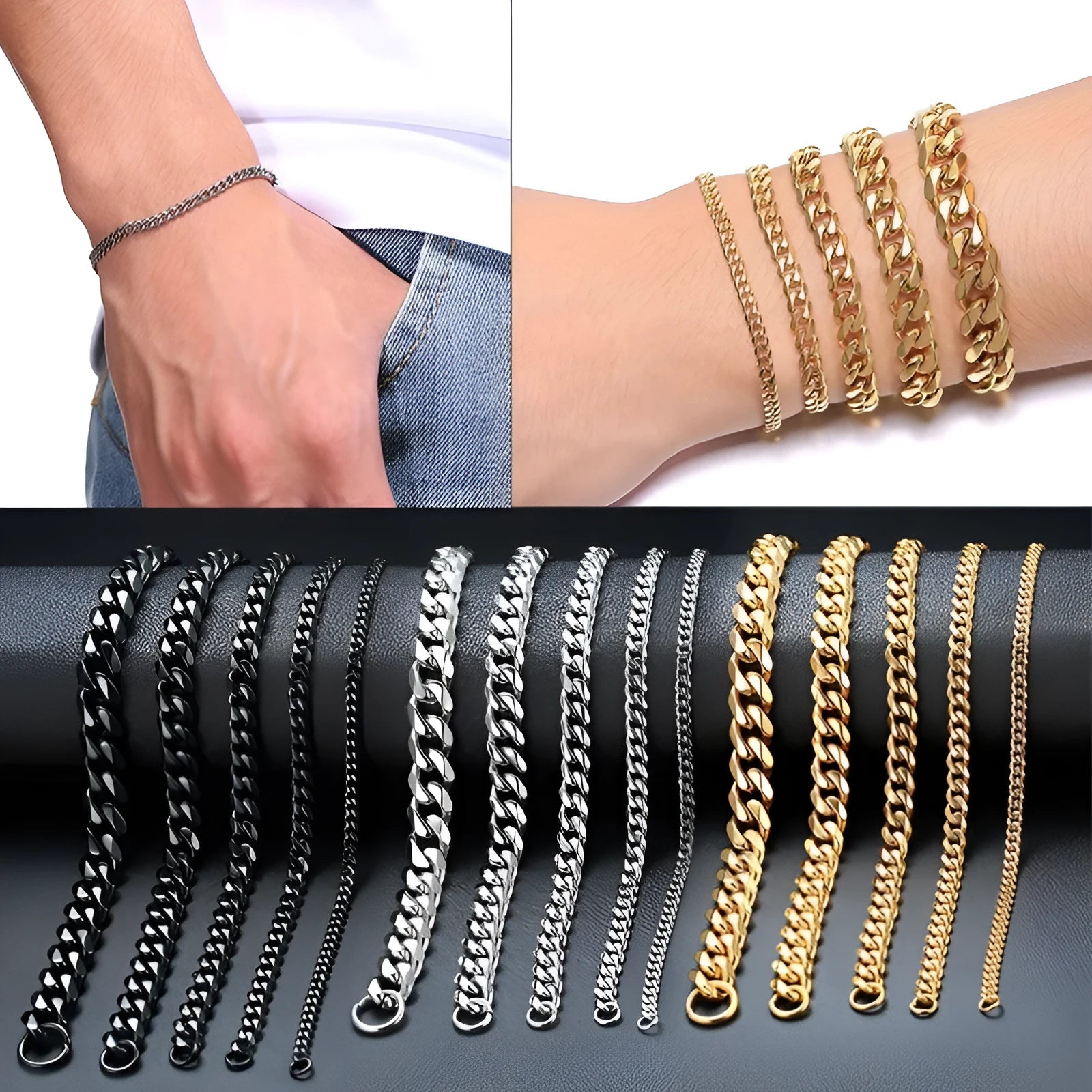 Six-sided geometric gold Cuban link chain metal bracelet showing multiple width and colour options
