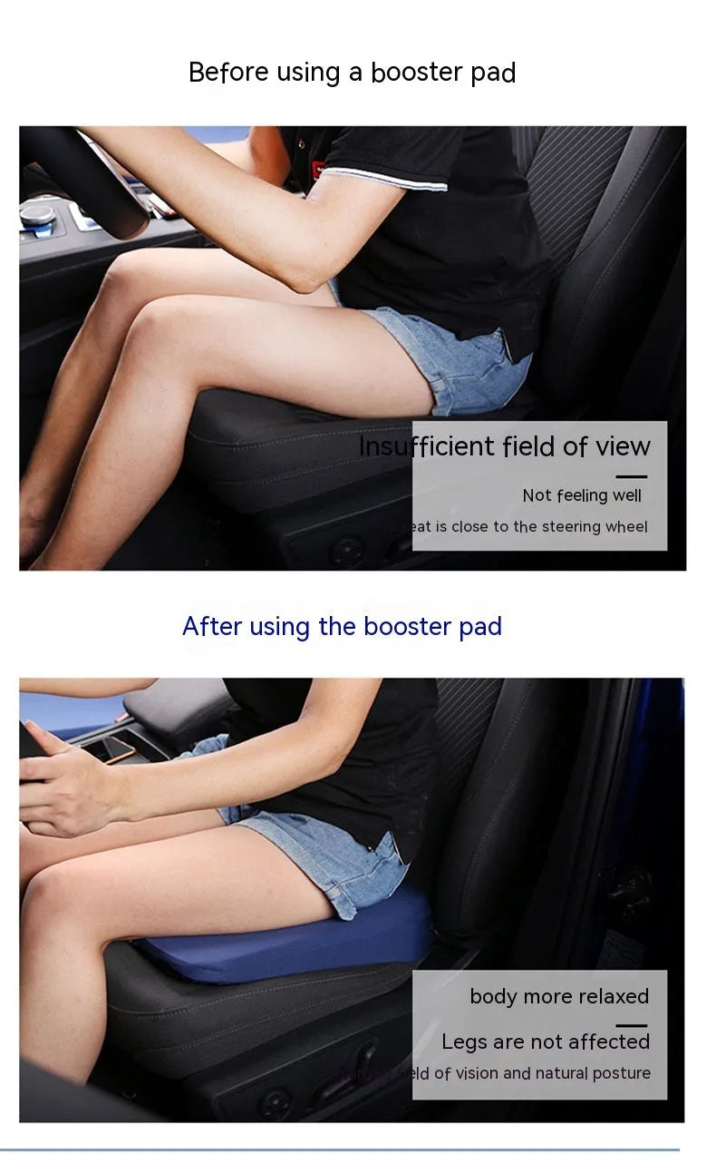 Black car seat cushion showing thickness and dimensions for height adjustment