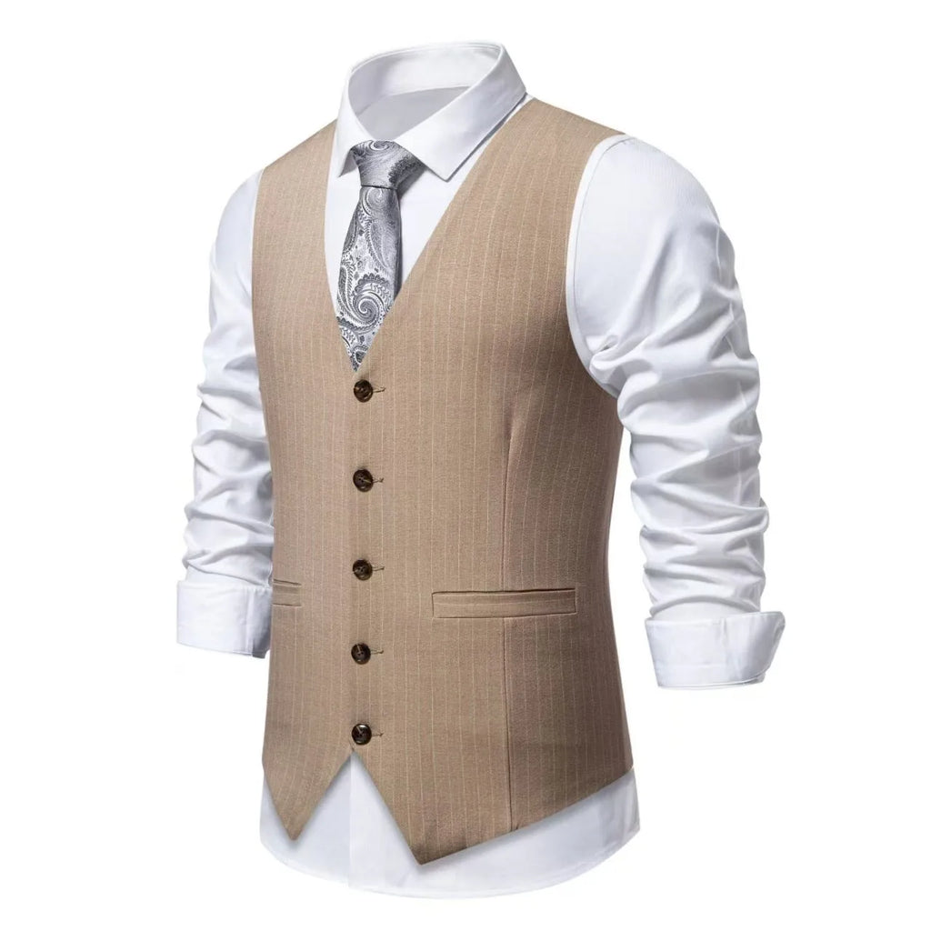 Man modelling a striped suit vest with a mitre bottom hem, shown in a choice of red, black, or khaki colours.