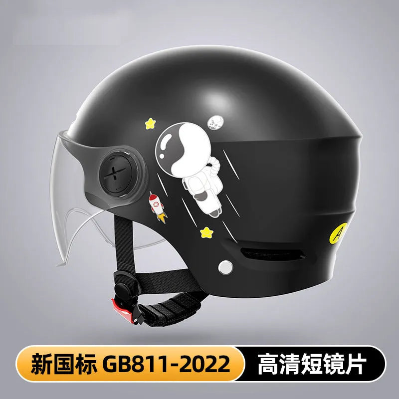 Khaki coloured electric motorcycle half helmet with interchangeable lens system shown from side view