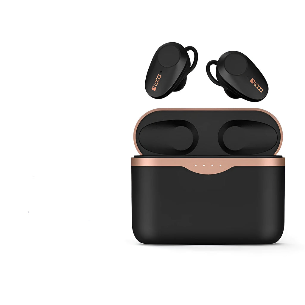Black wireless Bluetooth headset with charging stand showing earbuds.