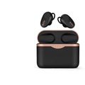 Black wireless Bluetooth headset with charging stand showing earbuds.