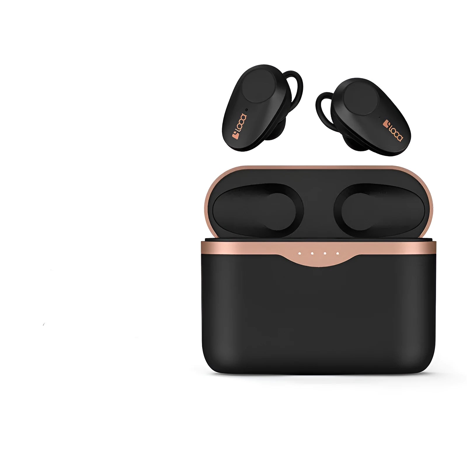 Black wireless Bluetooth headset with charging stand showing earbuds.
