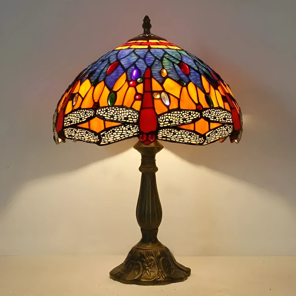 Tiffany style dragonfly stone table lamp with blue or green glass pattern and stone base for bedroom living room