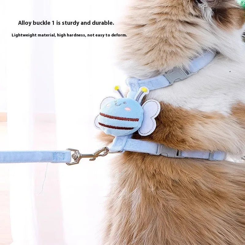 Bee-shaped adjustable cat harness and lead set in polyester with pink, yellow, or blue colour options