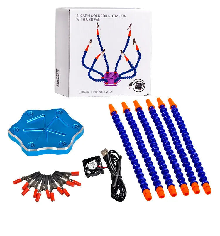 Black aluminium alloy welding station with six articulated arms and rotating chuck for model repair